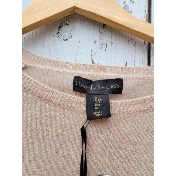 House of Harlow 1960 Women Tan Striped 100% Cashmere Half Sleeve Sweater Sz L - Picture 3 of 5